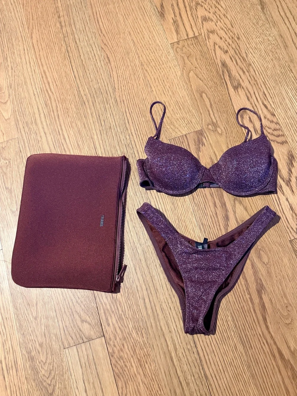 TRIANGL Burgundy Glitter Bikini Set XS Sparkly Underwire Swimwear w/ Pouch